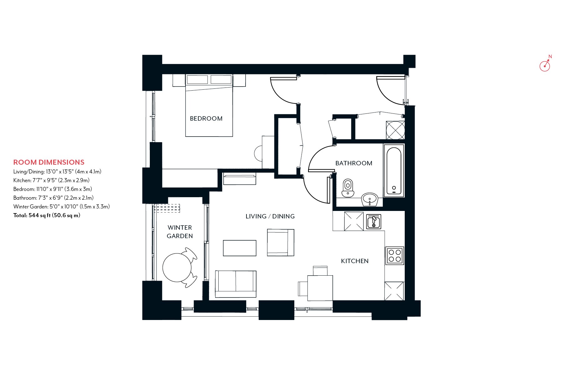 One Bedroom Apartment Floorplan Type 2 | Aldgate Place | MyLo London
